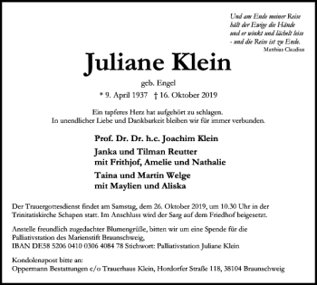 Traueranzeige von Juliane Klein von Braunschweiger Zeitung