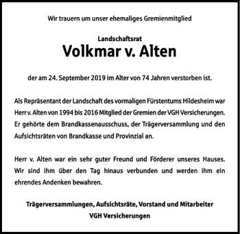 Traueranzeige von Volkmar v. Alten von Wolfenbütteler Zeitung