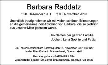 Traueranzeige von Barbara Raddatz von Braunschweiger Zeitung