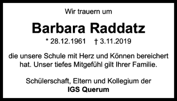 Traueranzeige von Barbara Raddatz von Braunschweiger Zeitung