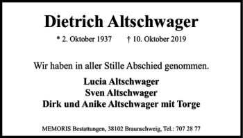 Traueranzeige von Dietrich Altschwager von Braunschweiger Zeitung