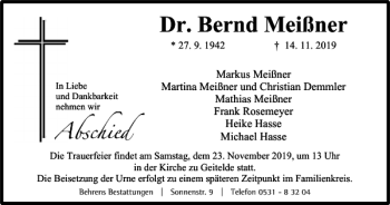 Traueranzeige von Dr. Bernd Meißner von Braunschweiger Zeitung