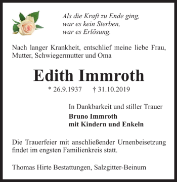 Traueranzeige von Edith Immroth von Salzgitter Zeitung