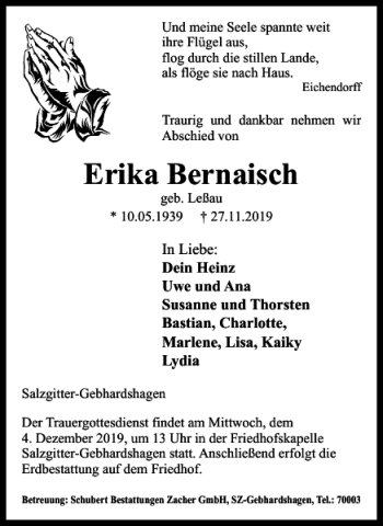 Traueranzeige von Erika Bernaisch von Salzgitter Zeitung