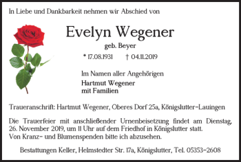 Traueranzeige von Evelyn Wegener von Helmstedter Nachrichten