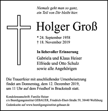 Traueranzeige von Holger Groß von Wolfsburger Nachrichten