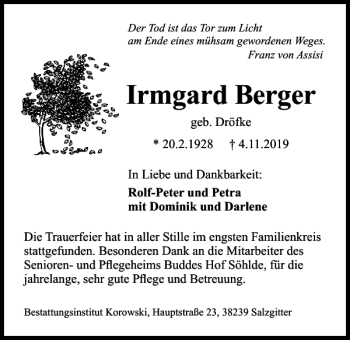 Traueranzeige von Irmgard Berger von Salzgitter Zeitung