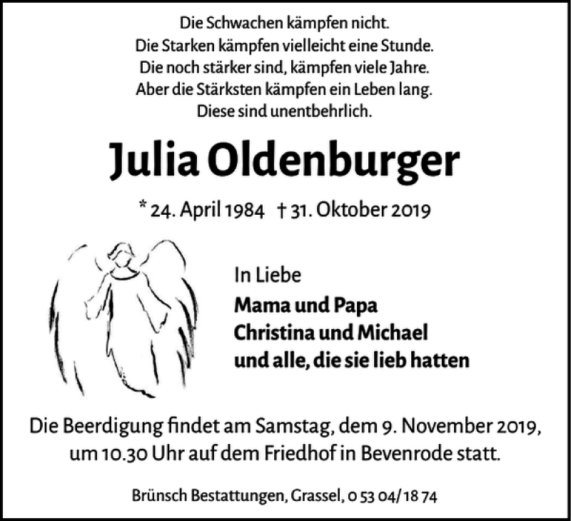  Traueranzeige für Julia Oldenburger vom 07.11.2019 aus Braunschweiger Zeitung