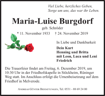 Traueranzeige von Maria-Luise Burgdorf von Braunschweiger Zeitung