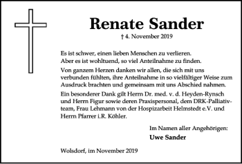 Traueranzeige von Renate Sander von Helmstedter Nachrichten