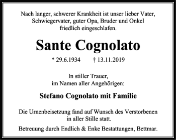 Traueranzeige von Sante Cognolato von Peiner Nachrichten