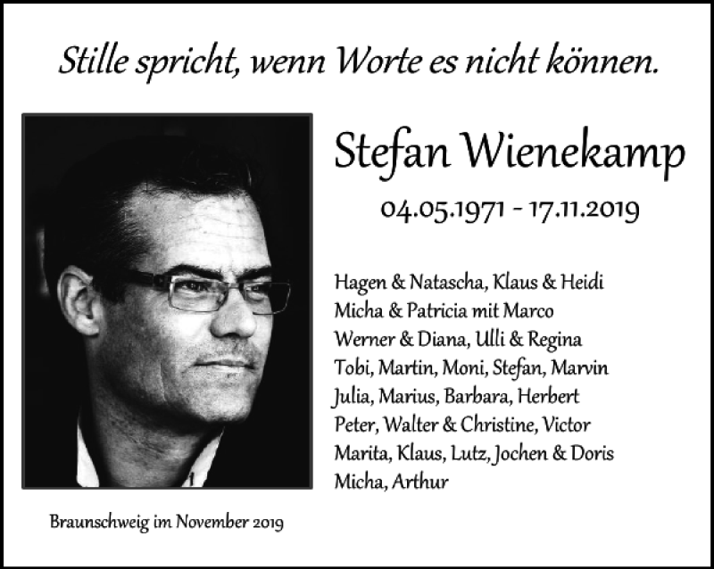  Traueranzeige für Stefan Wienekamp vom 29.11.2019 aus Helmstedter Nachrichten