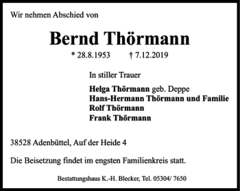 Traueranzeige von Bernd Thörmann von Wolfsburger Nachrichten