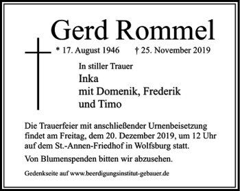 Traueranzeige von Gerd Rommel von Wolfsburger Nachrichten