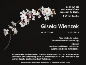 Traueranzeige von Gisela Wienzek von Wolfsburger Nachrichten