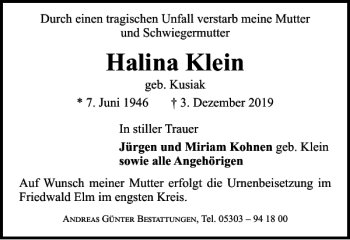 Traueranzeige von Halina Klein von Braunschweiger Zeitung