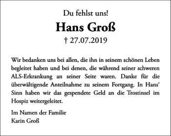 Traueranzeige von Hans Groß von Wolfsburger Nachrichten