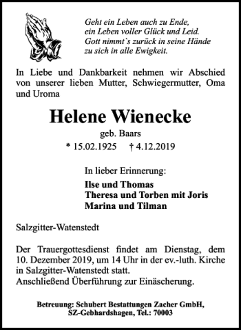 Traueranzeige von Helene Wienecke von Salzgitter Zeitung