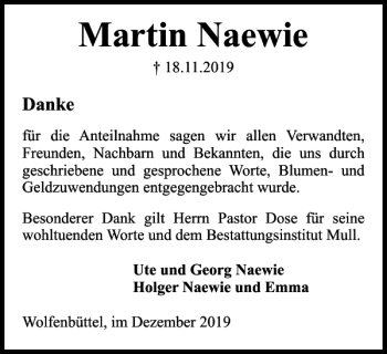 Traueranzeige von Martin Naewie von Wolfenbütteler Zeitung