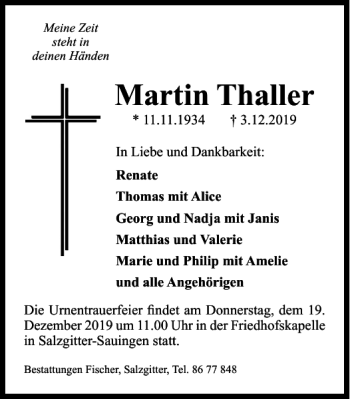 Traueranzeige von Martin Thaller von Salzgitter Zeitung