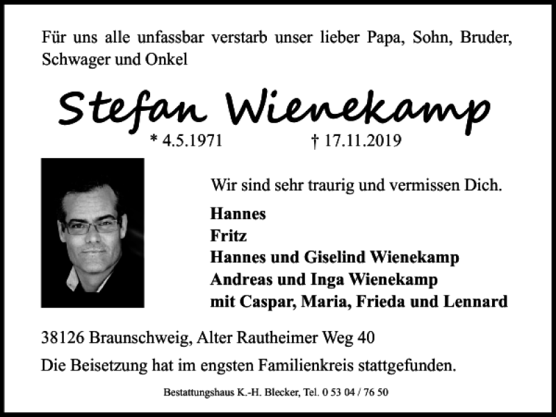  Traueranzeige für Stefan Wienekamp vom 07.12.2019 aus Braunschweiger Zeitung