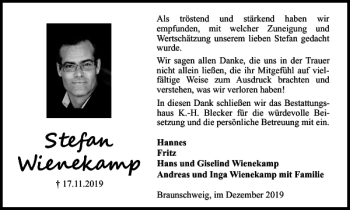 Traueranzeige von Stefan Wienekamp von Braunschweiger Zeitung