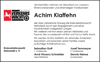 Traueranzeige von Achim Klaffehn von Helmstedter Nachrichten