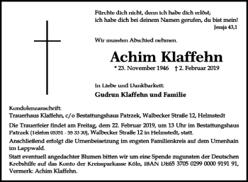 Traueranzeige von Achim Klaffehn von Helmstedter Nachrichten