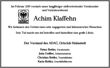 Traueranzeige von Achim Klaffehn von Helmstedter Nachrichten