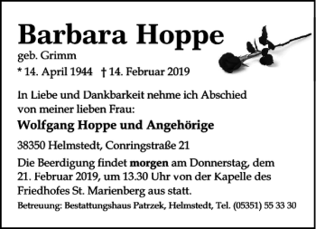 Traueranzeige von Barbara Hopp von Helmstedter Nachrichten