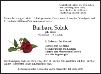 Traueranzeige von Barbara Sobik von Helmstedter Nachrichten