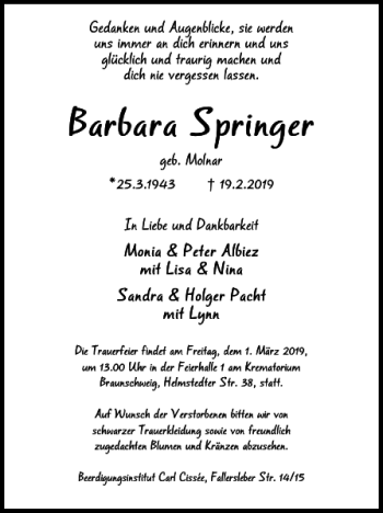 Traueranzeige von Barbara Springer von Braunschweiger Zeitung