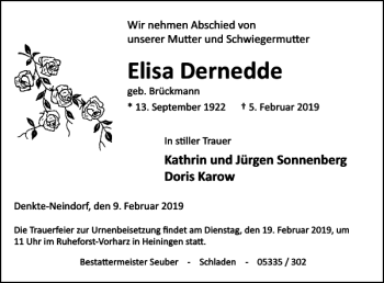 Traueranzeige von Elisa Dernedde von Wolfenbütteler Zeitung