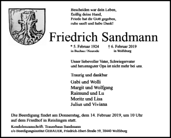 Traueranzeige von Friedrich Sandmann von Wolfsburger Nachrichten