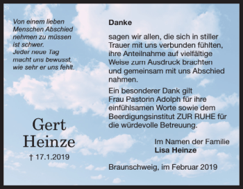 Traueranzeige von Gert Heinze von Braunschweiger Zeitung