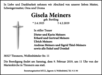 Traueranzeige von Gisela Meiners von Wolfenbütteler Zeitung