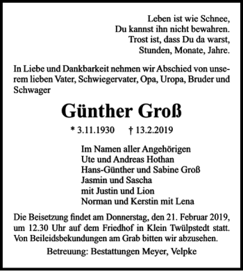 Traueranzeige von Günther Groß von Helmstedter Nachrichten