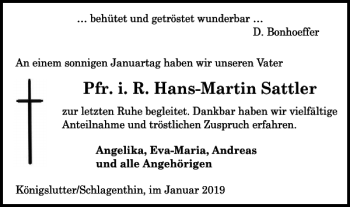 Traueranzeige von Pfr. i. R. Hans-Martin Sattler von Helmstedter Nachrichten