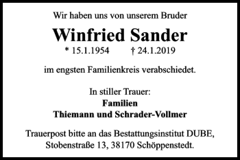 Traueranzeige von Winfried Sander von Helmstedter Nachrichten