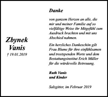 Traueranzeige von Zbynek Vanis von Salzgitter Zeitung