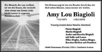 Traueranzeige von Amy Lou Biagioli von Wolfsburger Nachrichten