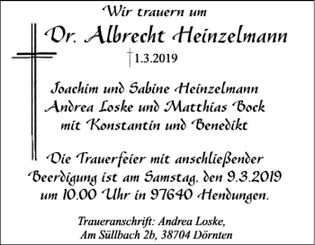 Traueranzeige von Dr. Albrecht Heinzelmann von Braunschweiger Zeitung