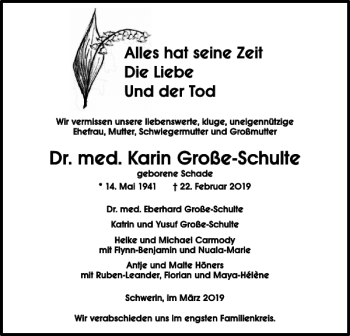 Traueranzeige von Dr. med. Karin Große-Schulte von Wolfenbütteler Zeitung