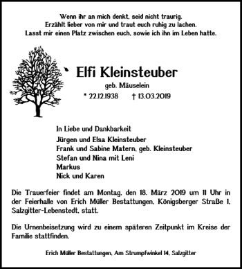 Traueranzeige von Elfi Kleinsteuber von Salzgitter Zeitung