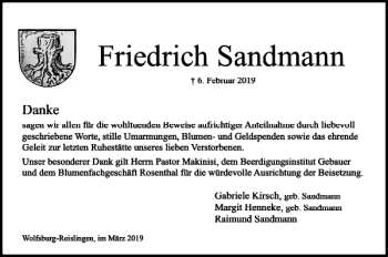 Traueranzeige von Friedrich Sandmann von Wolfsburger Nachrichten