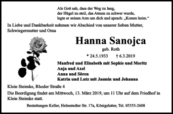 Traueranzeige von Hanna Sanojca von Helmstedter Nachrichten