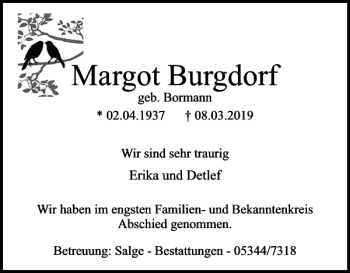 Traueranzeige von Margot Burgdorf von Peiner Nachrichten