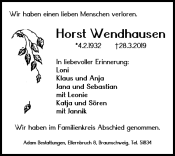 Traueranzeige von Horst Wendhausen von Braunschweiger Zeitung