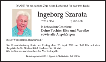 Traueranzeige von Ingeborg Szarata von Wolfenbütteler Zeitung