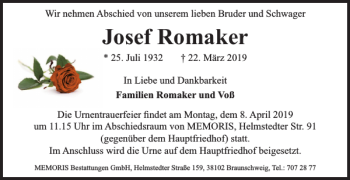 Traueranzeige von Josef Romaker von Braunschweiger Zeitung